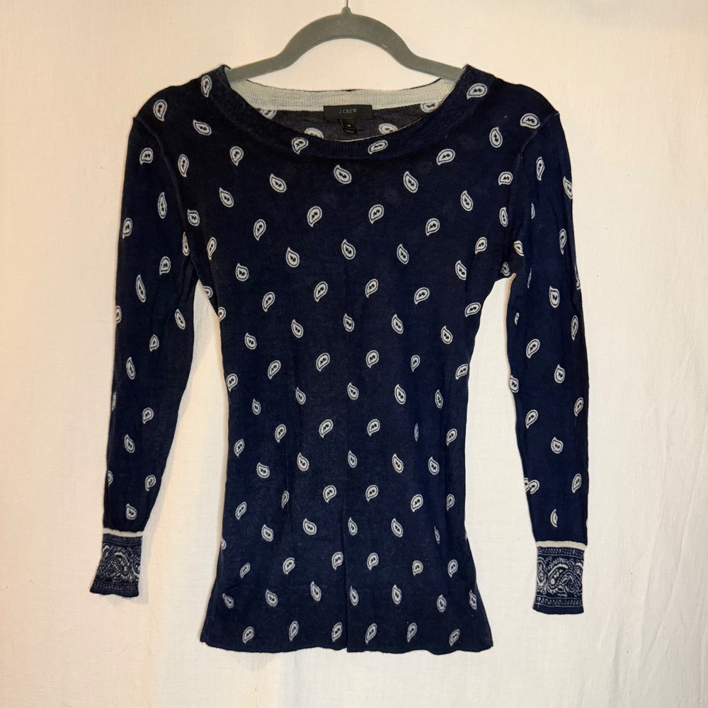 J.Crew Womens XS Navy Blue Paisley Print Long Sleeve Scoop Neck Knit Top